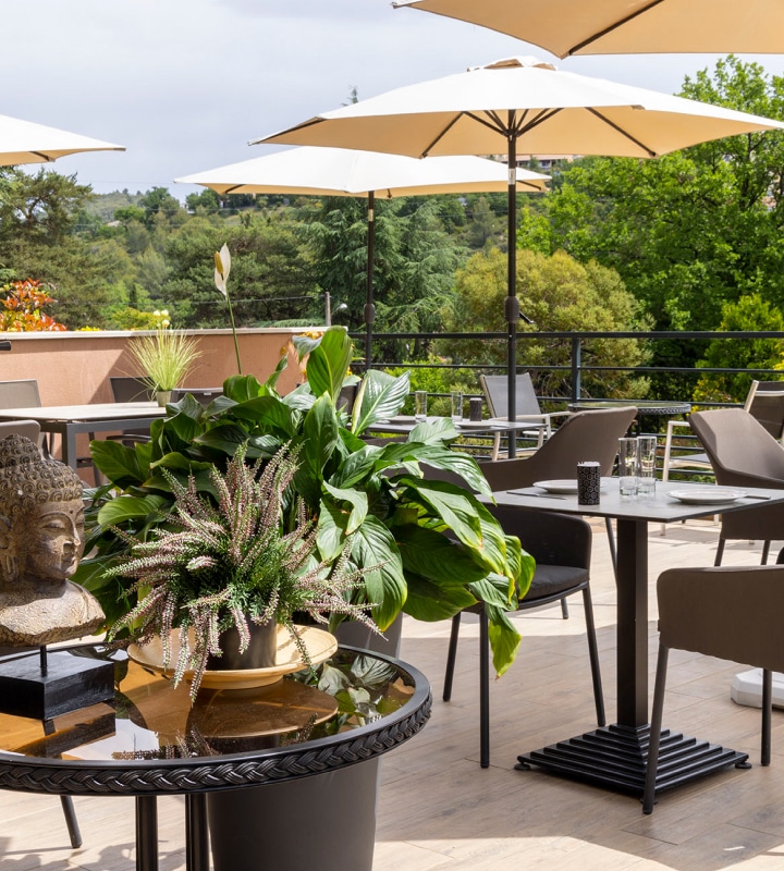 Terrasse relaxante du Lou Paradou Hotel avec des tables élégantes, des parasols ombragés et une végétation luxuriante. Un décor apaisant avec une statue de Bouddha et des plantes exotiques, idéal pour les repas en plein air. Ambiance sereine, parfaite pour profiter de la nature environnante en Provence.